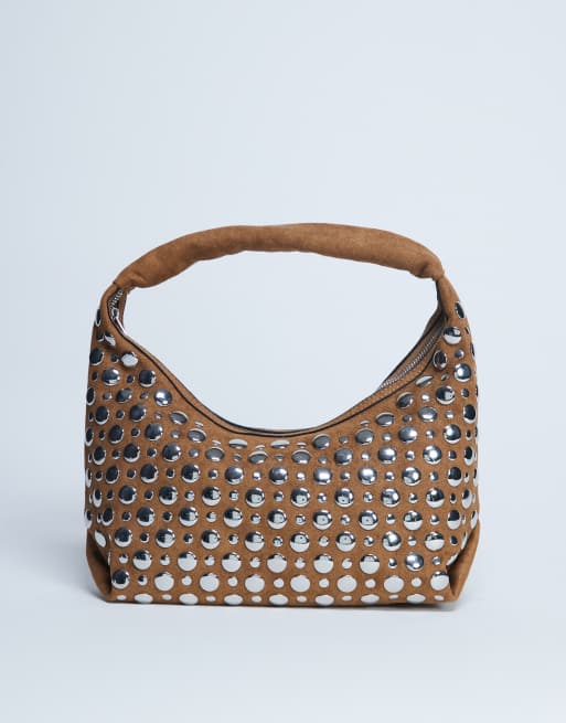 Topshop - Samantha - Borsa da spalla color cuoio con borchie