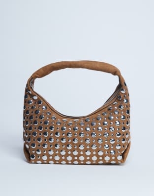 Topshop - Samantha - Schultertasche in Hellbraun mit Nieten