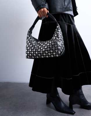 Topshop - Samantha - Schultertasche in Schwarz mit Nieten
