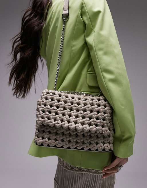 Topshop – Samantha – Schultertasche in Taupe mit Weboptik 