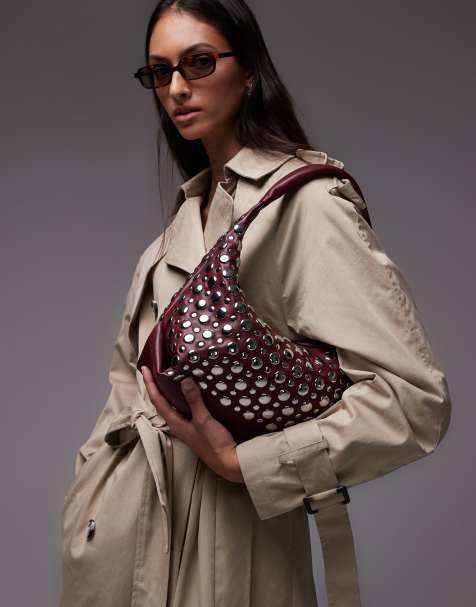Topshop Samantha studded shoulder bag in burgundy - view 1