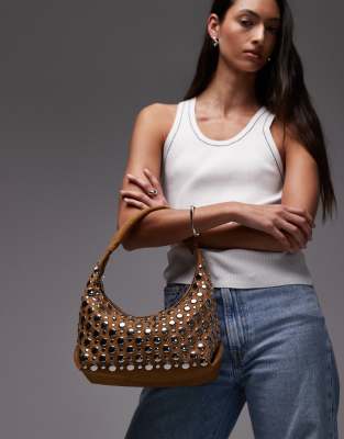 Topshop Samantha studded shoulder bag in tan - view 1