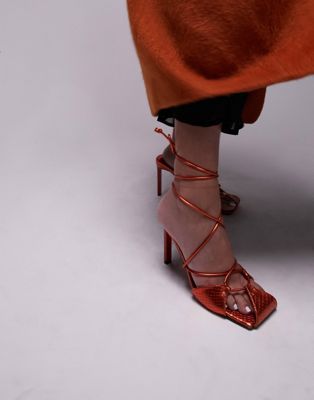Topshop Sammi premium leather strippy heeled sandal in orange