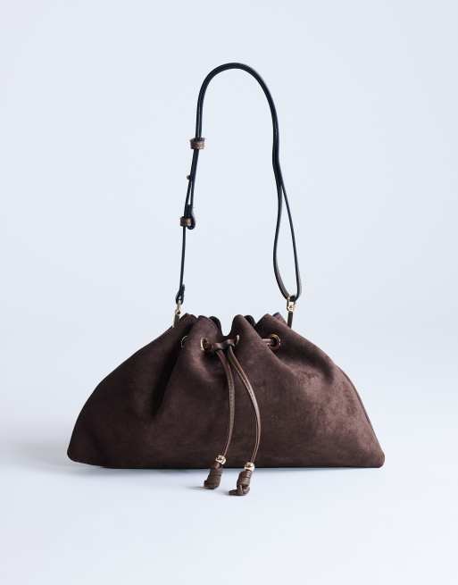 Topshop - Sammy - Borsa da spalla color cioccolato con arricciatura con coulisse