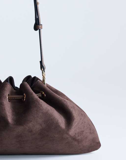 Topshop - Sammy - Medium aangerimpelde schoudertas met trekkoord in donkerbruin, 4 van 4