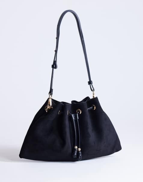 Topshop - Sammy - Sort mellemstor skuldertaske med rynker og løbesnor - view 1