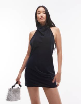 Topshop - Samt-Minikleid in Anthrazit mit Neckholder-Grau