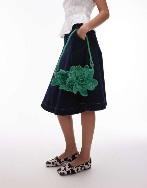Topshop Sana knitted flower bag in green, 2 of 4