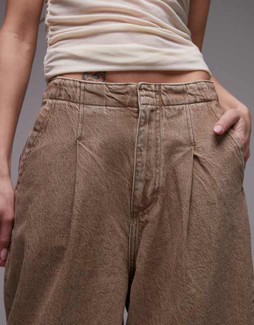 Topshop - Sandfarvede enkle jeans med brede ben og pintucks, 5 af 5