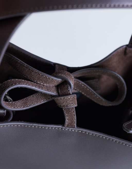 Topshop Sandy small real suede and leather grab bag with tie fastening in chocolate, 3 of 4