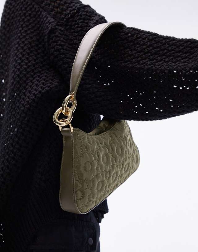 Topshop Sandy stitch detailed shoulder bag in olive