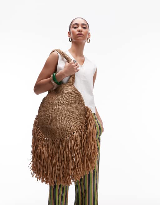 Topshop Sandy straw bag with tassels in natural