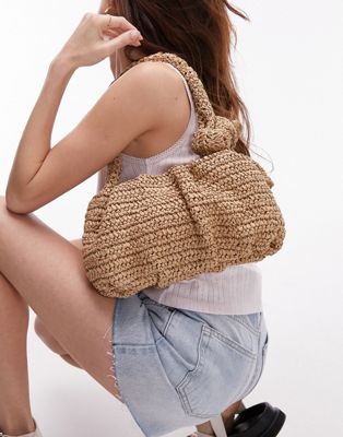 Topshop Sandy straw shoulder bag with knotted handle in natural