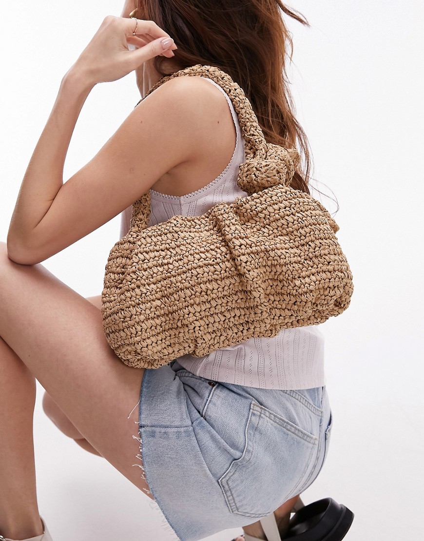 Sandy straw shoulder bag with knotted handle in natural-Brown