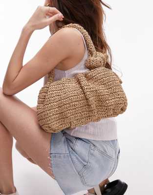 Topshop - Sandy - Stroh-Schultertasche in Naturfarbe mit Tragegriff mit Knotendesign-Brown