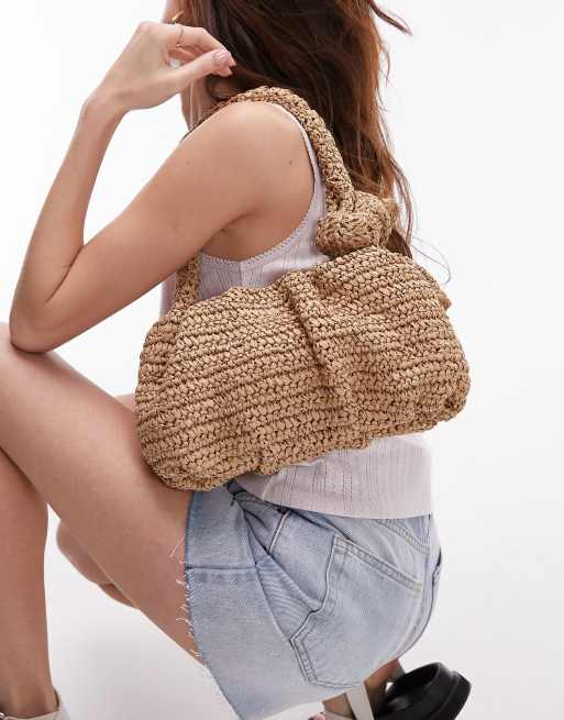 Topshop – Sandy – Stroh-Schultertasche in Naturfarbe mit Tragegriff mit Knotendesign