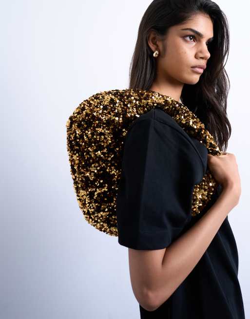 Topshop – Santana – Guldfärgad, rundad axelväska med paljetter, 2 av 4