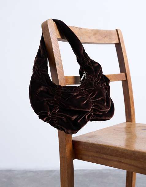 Topshop Saphire ruched velvet shoulder bag in chocolate - view 1