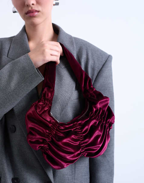 Topshop Saphire ruched velvet shoulder bag in plum - view 1