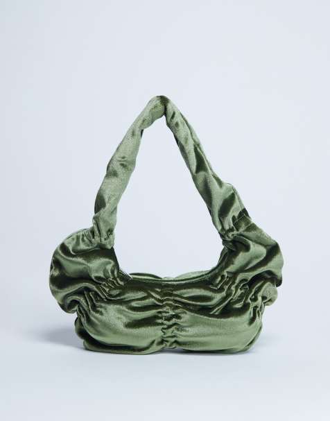 Topshop Sapphire ruched velvet shoulder bag in khaki - view 1