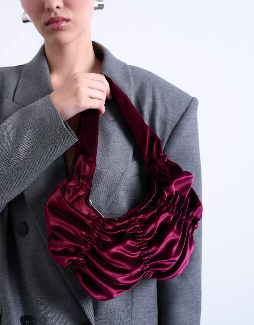Topshop Sapphire ruched velvet shoulder bag in plum
