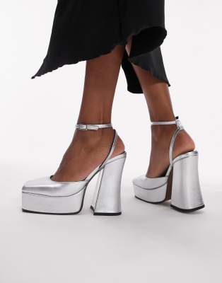 Topshop - Sapphire - Zweiteilige Schuhe aus hochwertigem Leder in Silber mit Plateausohle