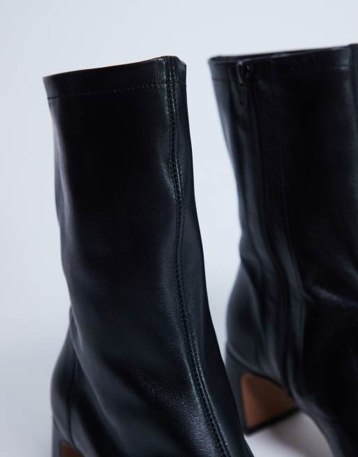 Topshop Sara Premium leather square toe flared heel boot in black, 2 of 4