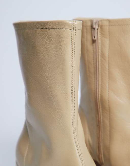 Topshop Sara Premium leather square toe flared heel boot in buttermilk, 2 of 4