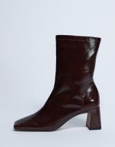 Topshop Sara Premium leather square toe flared heel boot in chocolate 