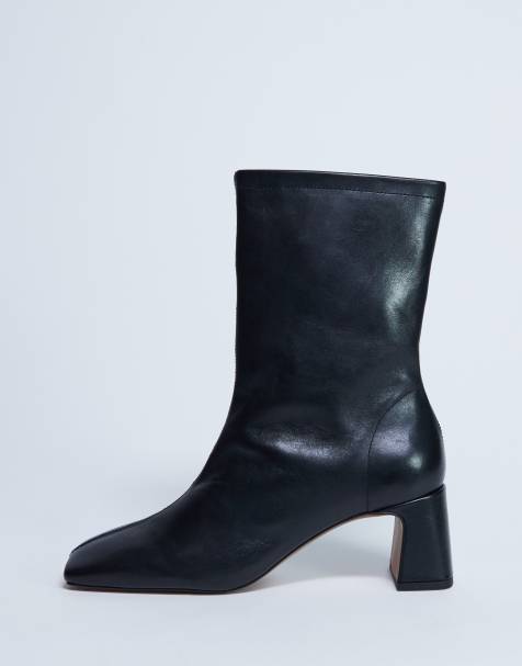 Topshop Sara premium leather square toe flared heel boots in black - view 1