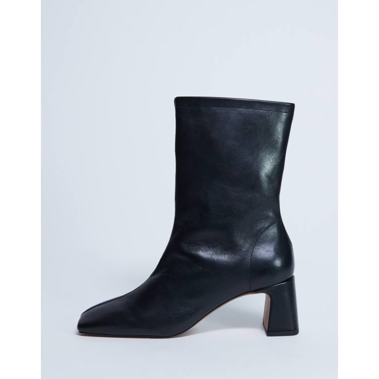 Topshop Sara premium leather square toe flared heel boots in black