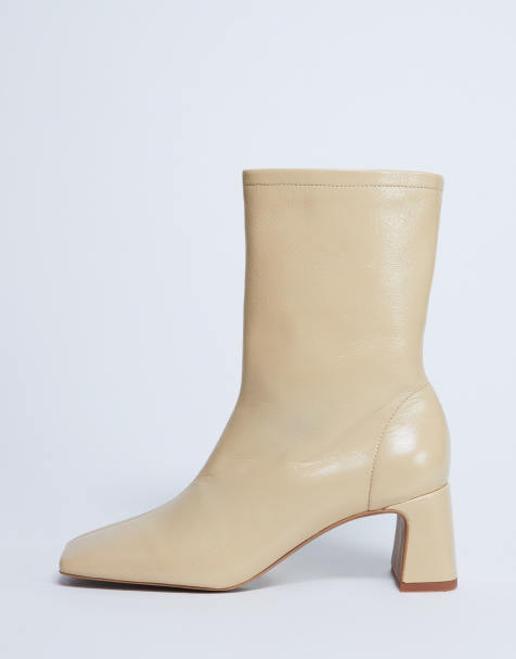 Topshop Sara Premium leather square toe flared heel boots in buttermilk - view 1