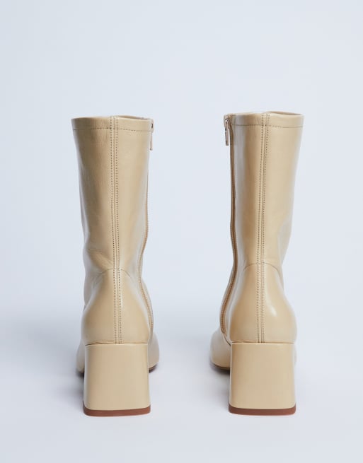Topshop Sara Premium leather square toe flared heel boots in buttermilk, 3 of 4