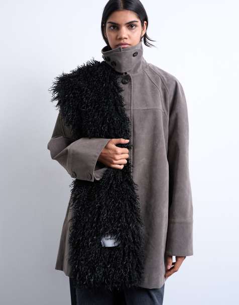 Topshop Sara shaggy faux fur blanket scarf in black - view 1