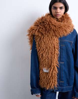 Topshop Topshop Sara shaggy faux fur blanket scarf in tan-Brown
