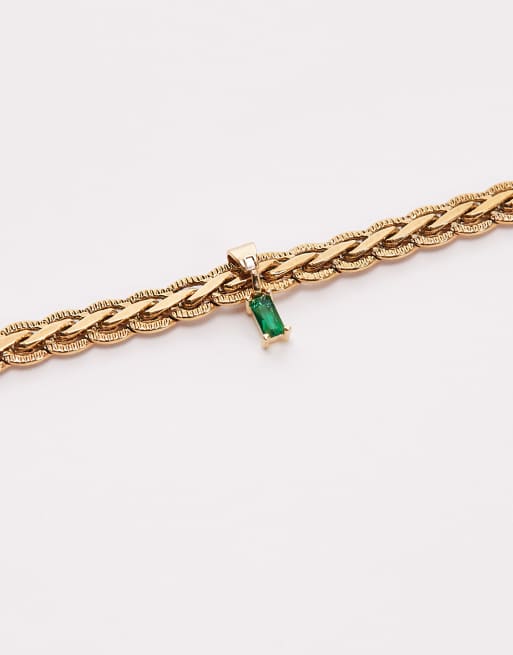 Topshop Sara waterproof stainless steel chain with green pendant in gold