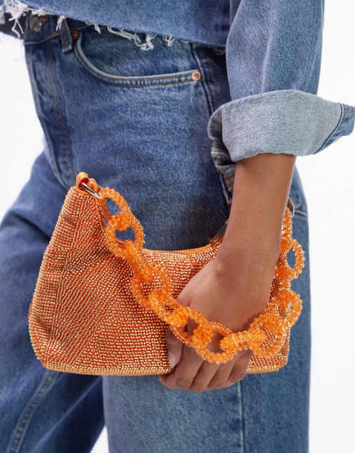 Topshop – Sarah – Mit Perlen besetzte Schultertasche in Orange