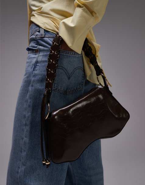 Topshop – Sarah – Schultertasche in Schokobraun mit Überwendlichnaht - view 1