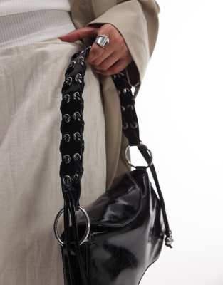 Topshop Sarah whipstitch shoulder bag in black - view 1