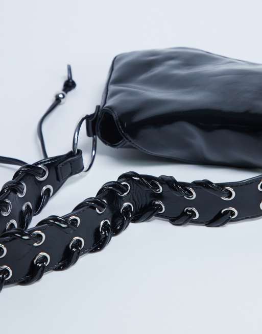 Topshop Sarah whipstitch shoulder bag in black, 2 of 4