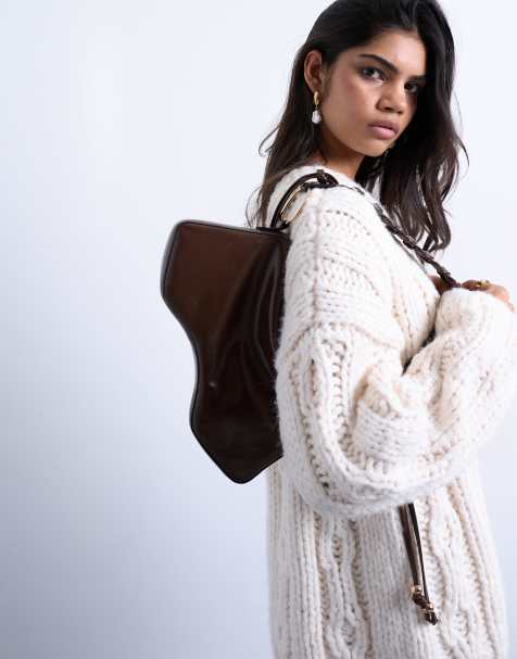 Topshop Sarah whipstitch shoulder bag in chocolate - view 1