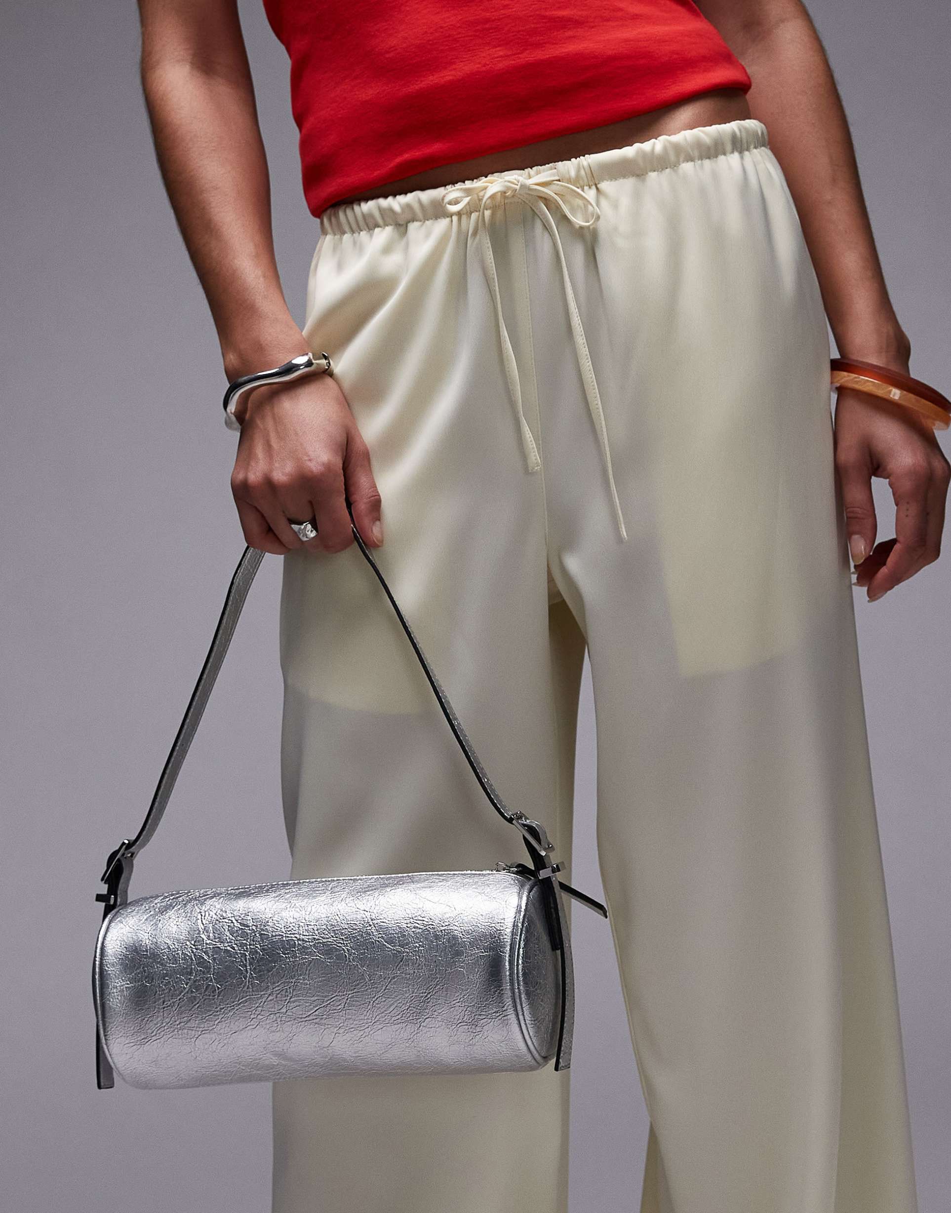 topshop sari barrel shoulder bag in silver