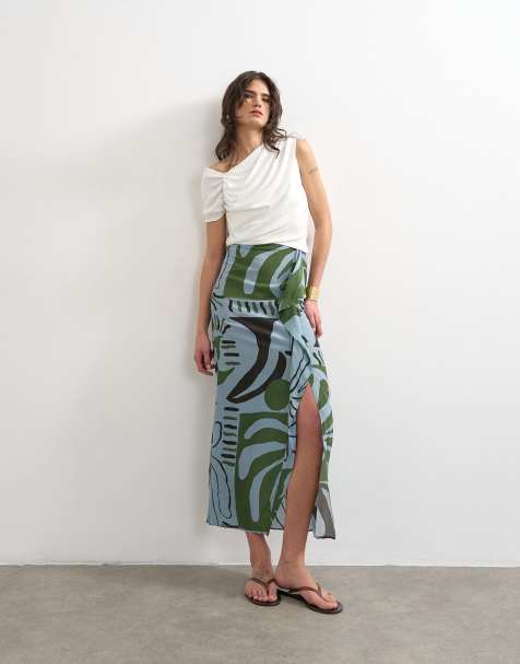 Topshop sarong maxi skirt in blue abstract leaf print - part of a set - view 1