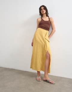 Sarong wrap midi skirt in tan stripe