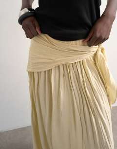 Model wearing Sash tie crinkle full maxi skirt in natural