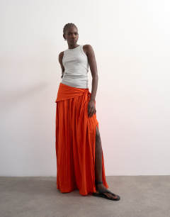 Sash tie crinkle full maxi skirt in orange
