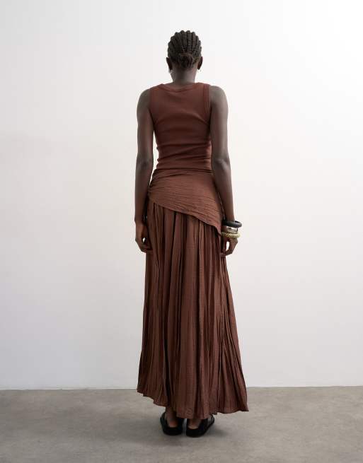 Topshop sash tie full circle crinkle maxi skirt in chocolate, 4 of 5