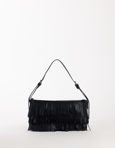 Topshop Sasha small fringe shoulder bag in black - view 1