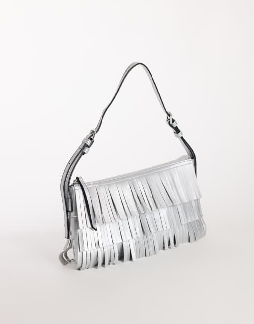 Topshop Sasha small fringe shoulder bag in silver, 3 of 4