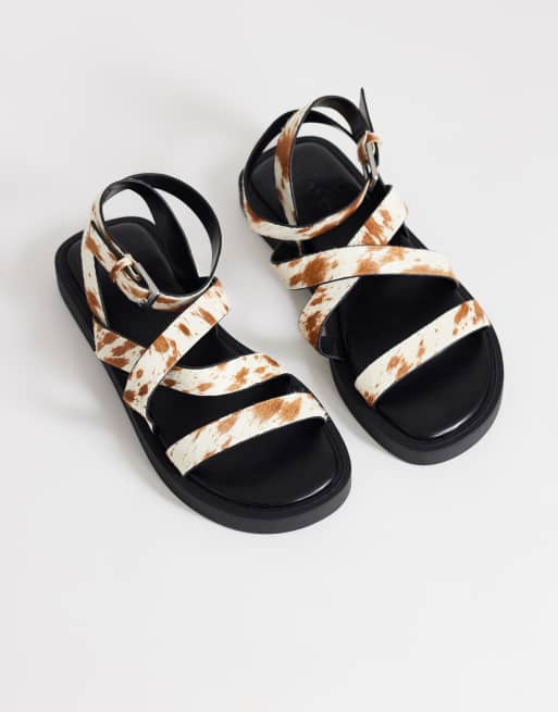 Topshop Sasha strappy flat sandal in cow print hair on real leather, 2 of 4
